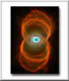 The Hourglass Nebula This is an image of MyCn18, a young planetary nebula located about 8,000 light-years away, taken with the Wide Field and Planetary Camera 2 (WFPC2) aboard NASA's Hubble Space Telescope (HST). This Hubble image reveals the true shape of MyCn18 to be an hourglass with an intricate pattern of etchings in its walls. This picture has been composed from three separate images taken in the light of ionized nitrogen (represented by red), hydrogen (green), and doubly-ionized oxygen (blue).